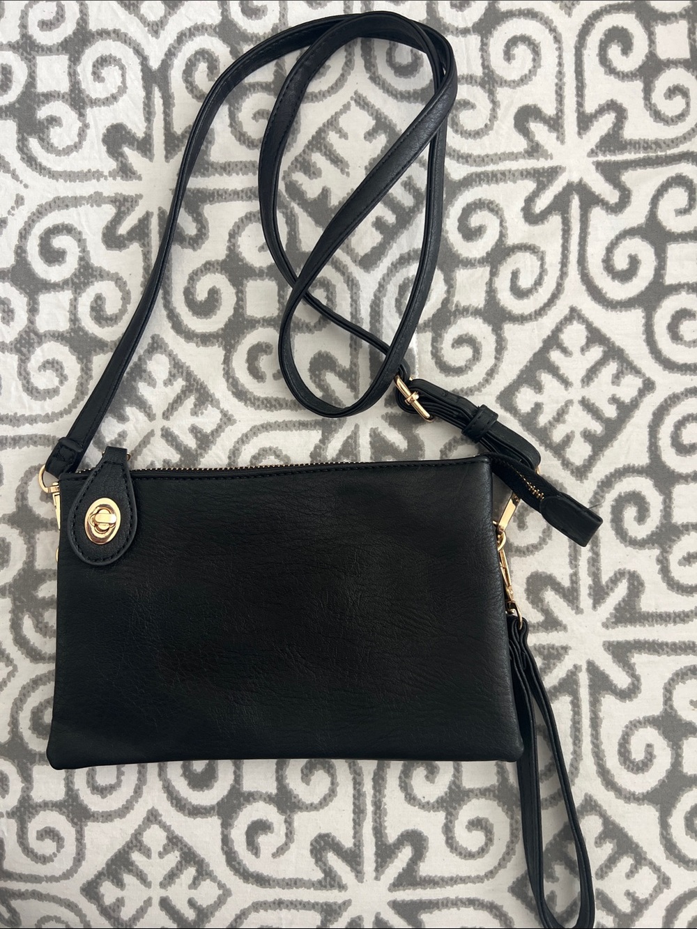 Black Leather Crossbody Wristlet with Gold Hardware